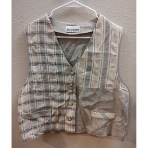 Jay Peters Vintage Neutral Plaid Print Button-up Vest Size L Gray Beige A6